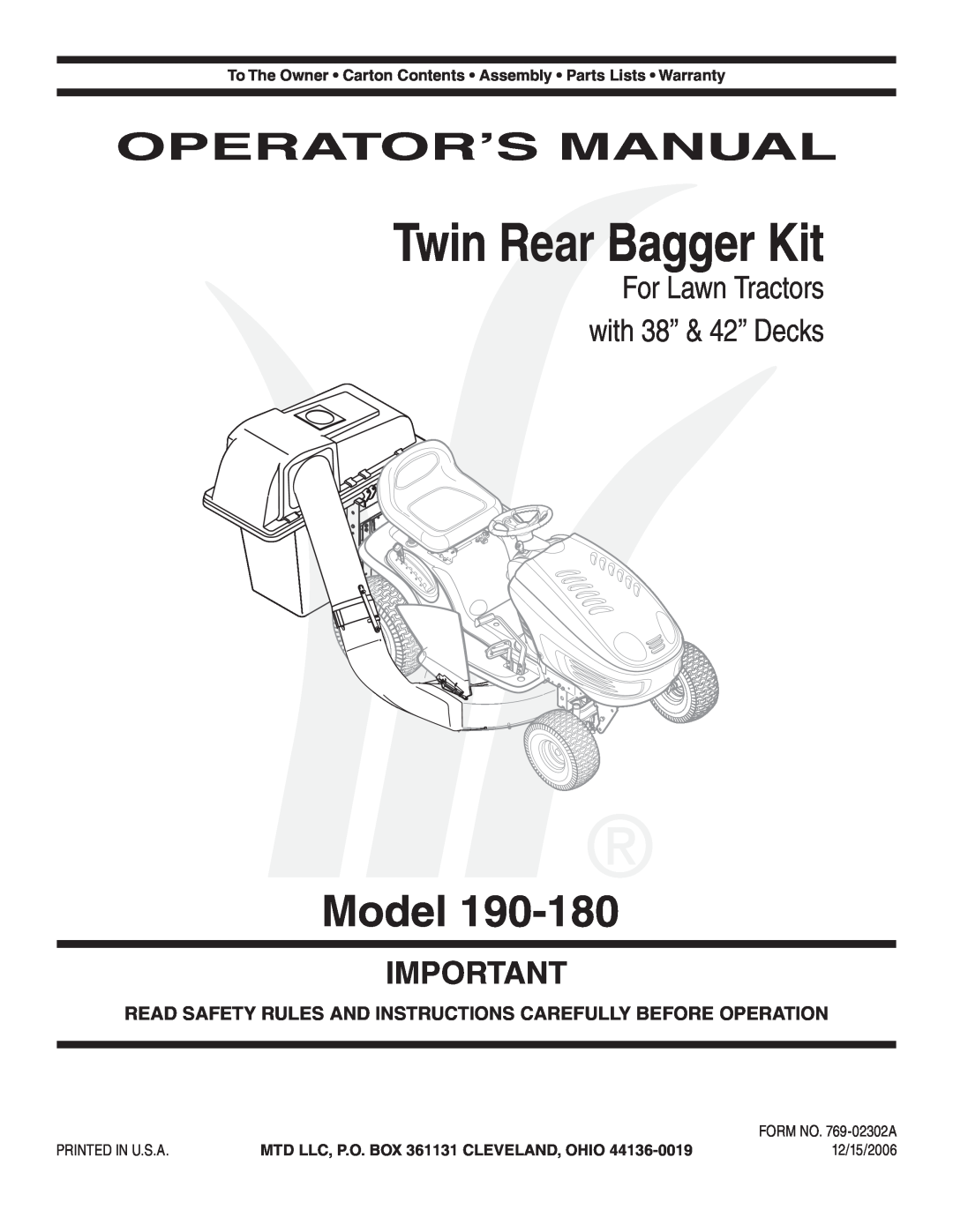 MTD 90-182 warranty Operator’S Manual, Read Safety Rules And Instructions Carefully Before Operation, Twin Rear Bagger Kit 