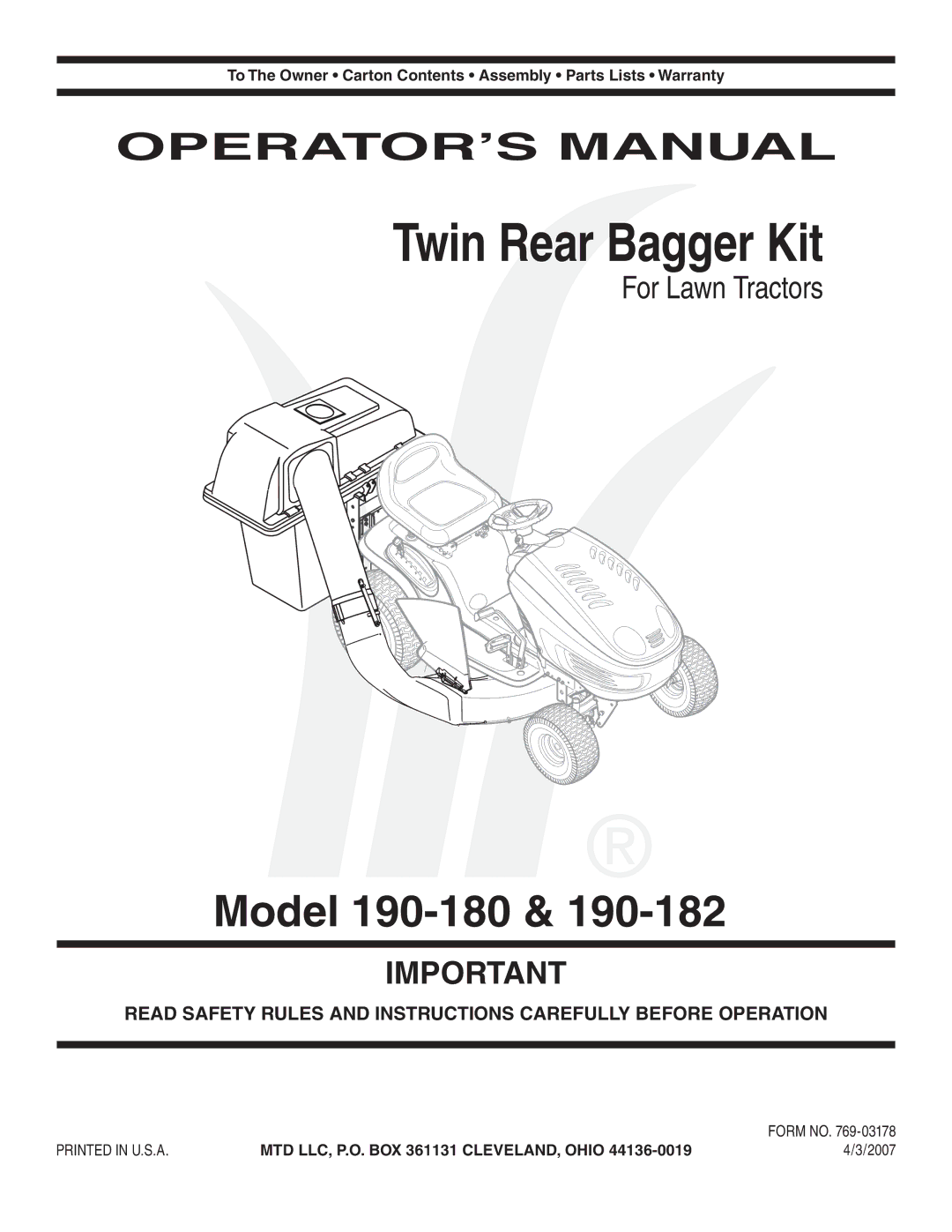 MTD 190-182,190-180 warranty Twin Rear Bagger Kit, 2007 