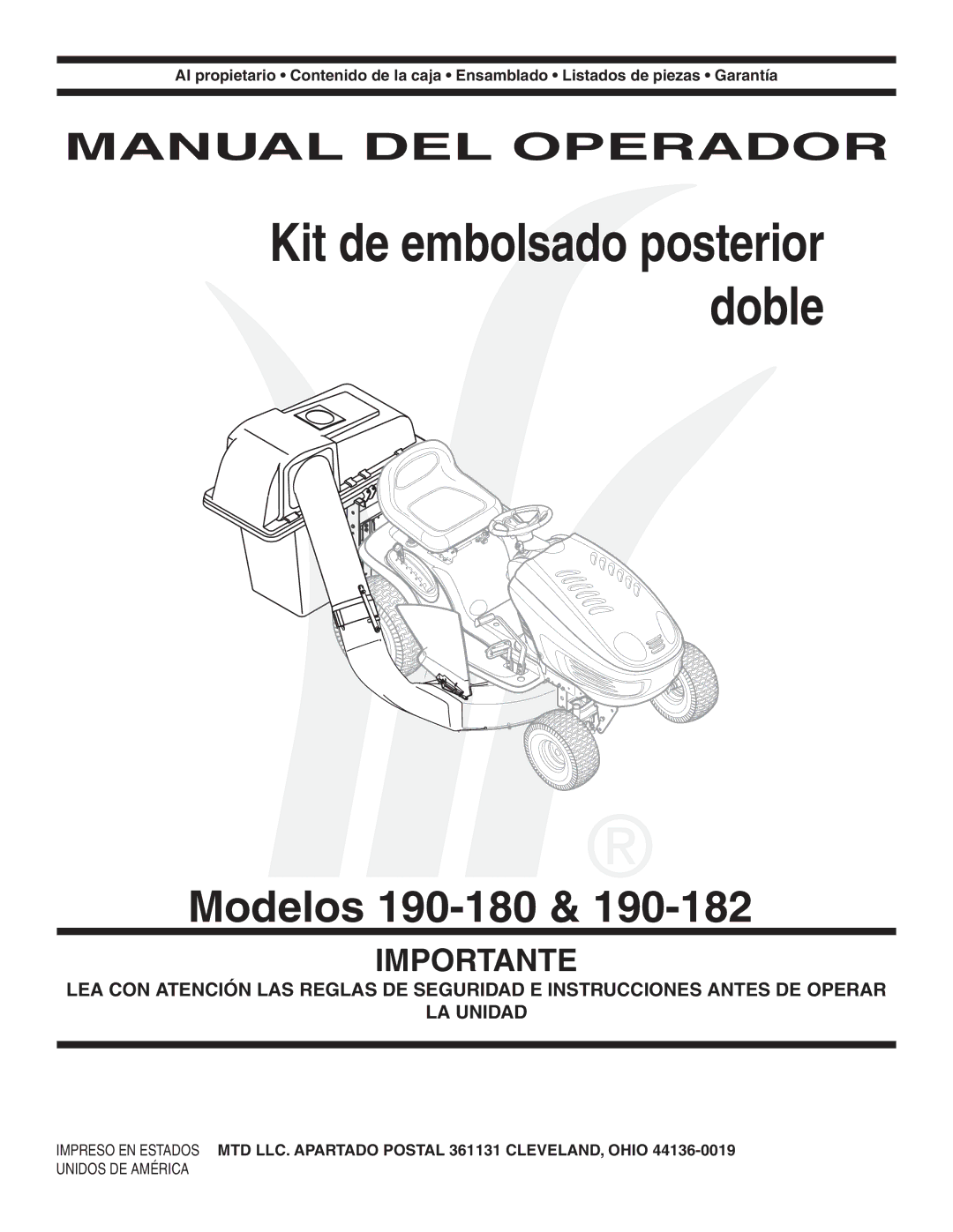 MTD 190-182,190-180 warranty Modelos 190-180 