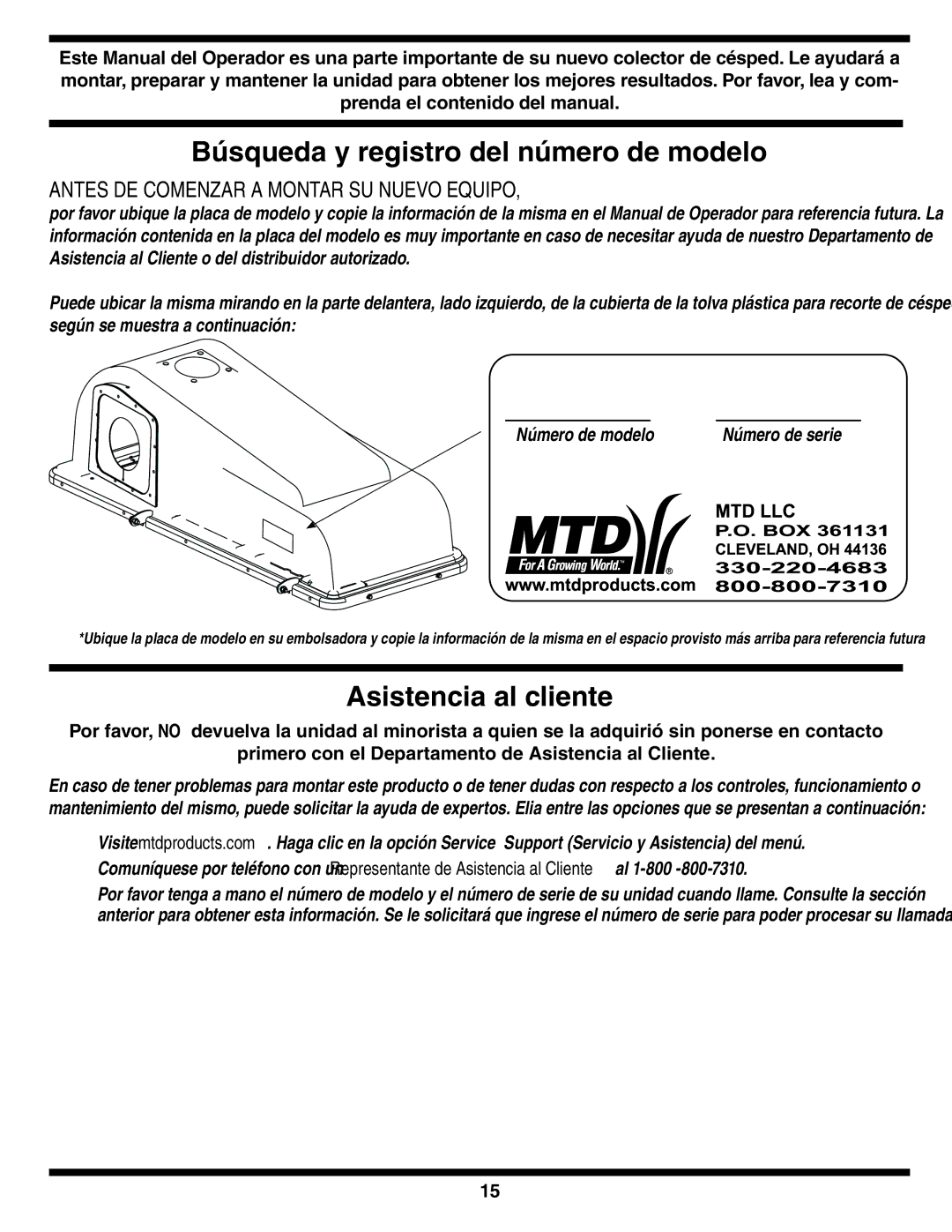 MTD 190-182,190-180 warranty Búsqueda y registro del número de modelo, Asistencia al cliente, Número de serie 