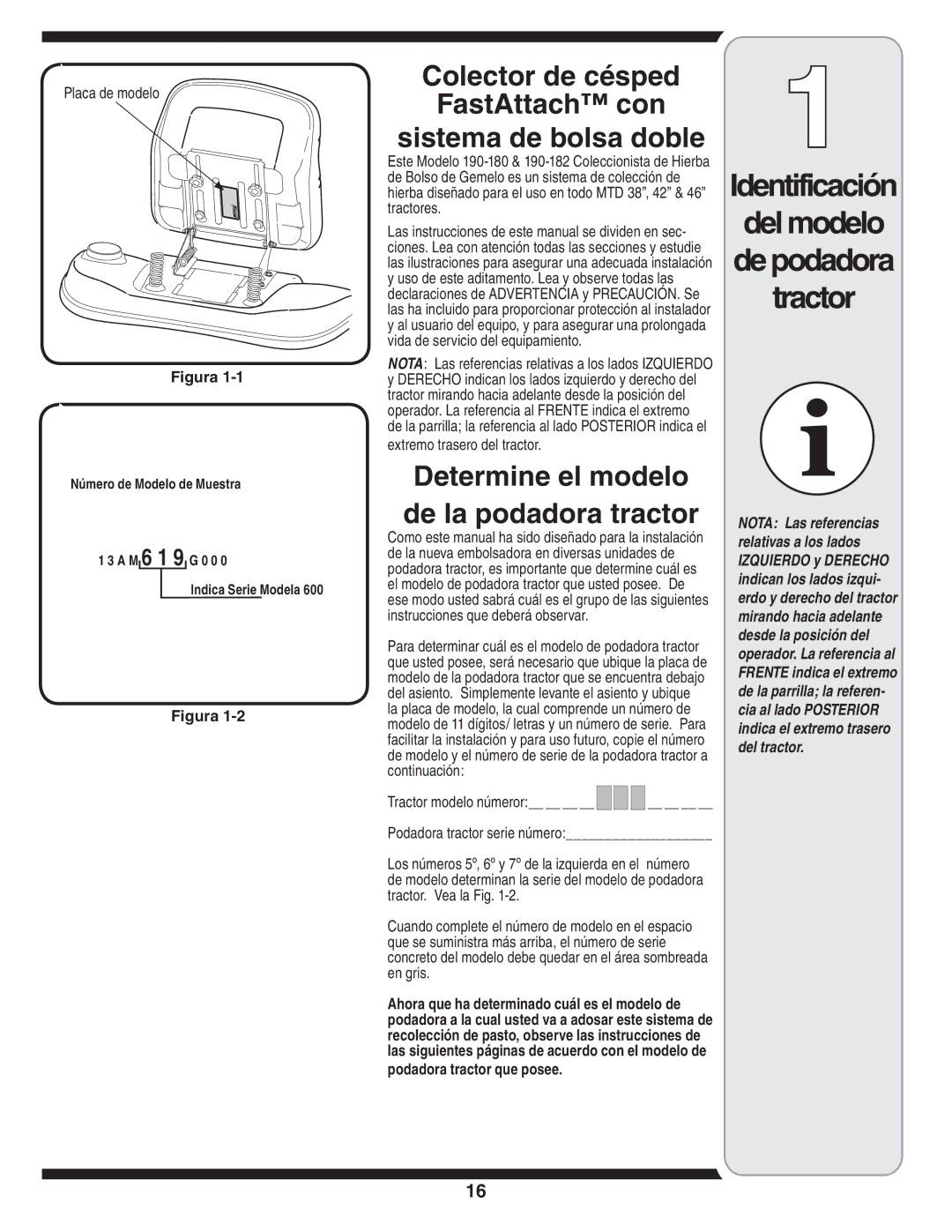 MTD 190-182,190-180 warranty Identificación Del modelo De podadora Tractor, Determine el modelo de la podadora tractor 