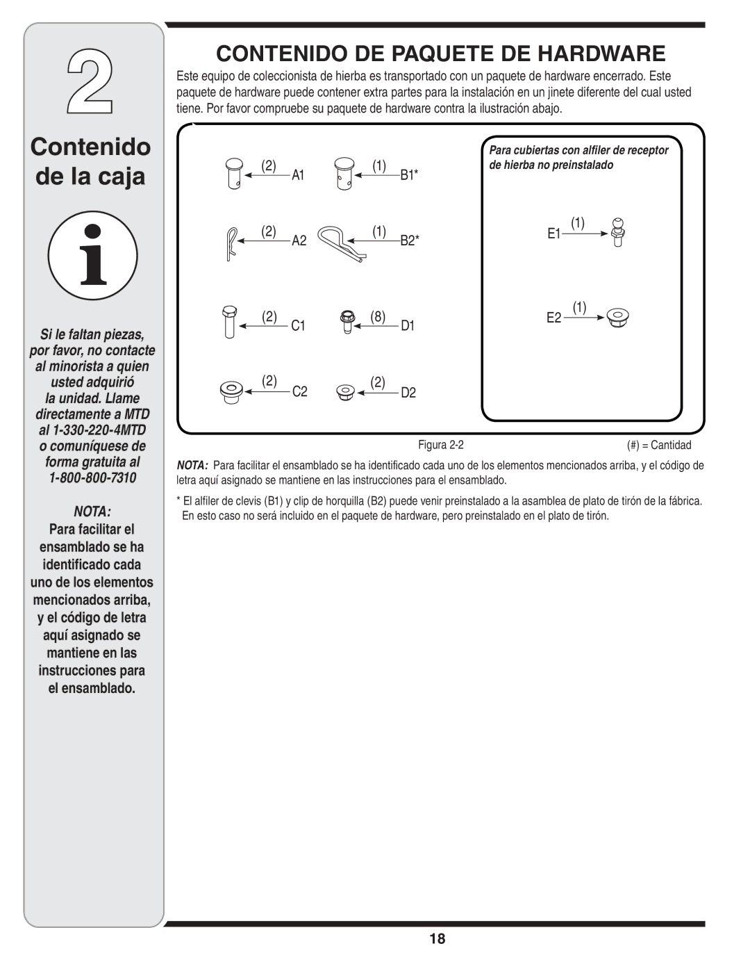 MTD 190-182,190-180 warranty Contenido DE Paquete DE Hardware, Para facilitar el 