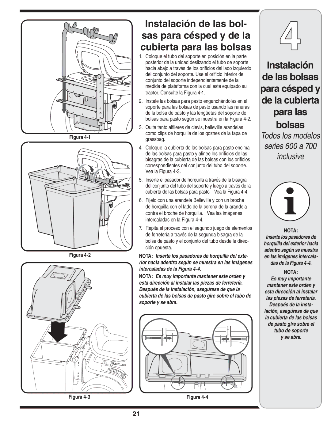 MTD 190-182,190-180 warranty Instalación, Bolsas 