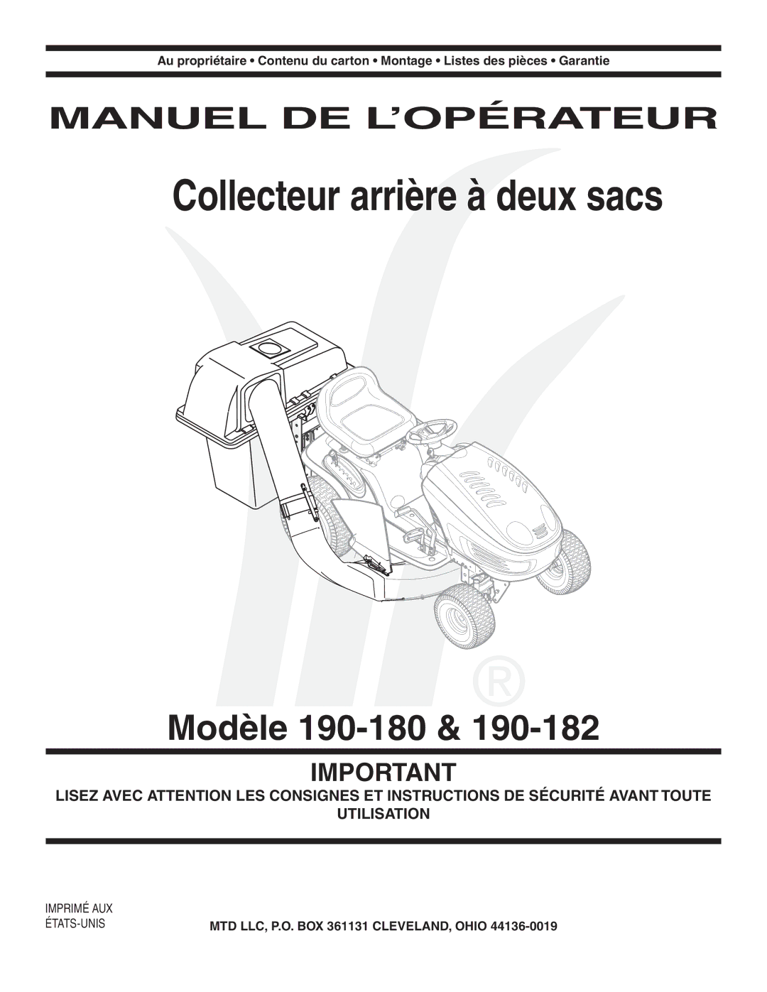 MTD 190-182,190-180 warranty Collecteur arrière à deux sacs 