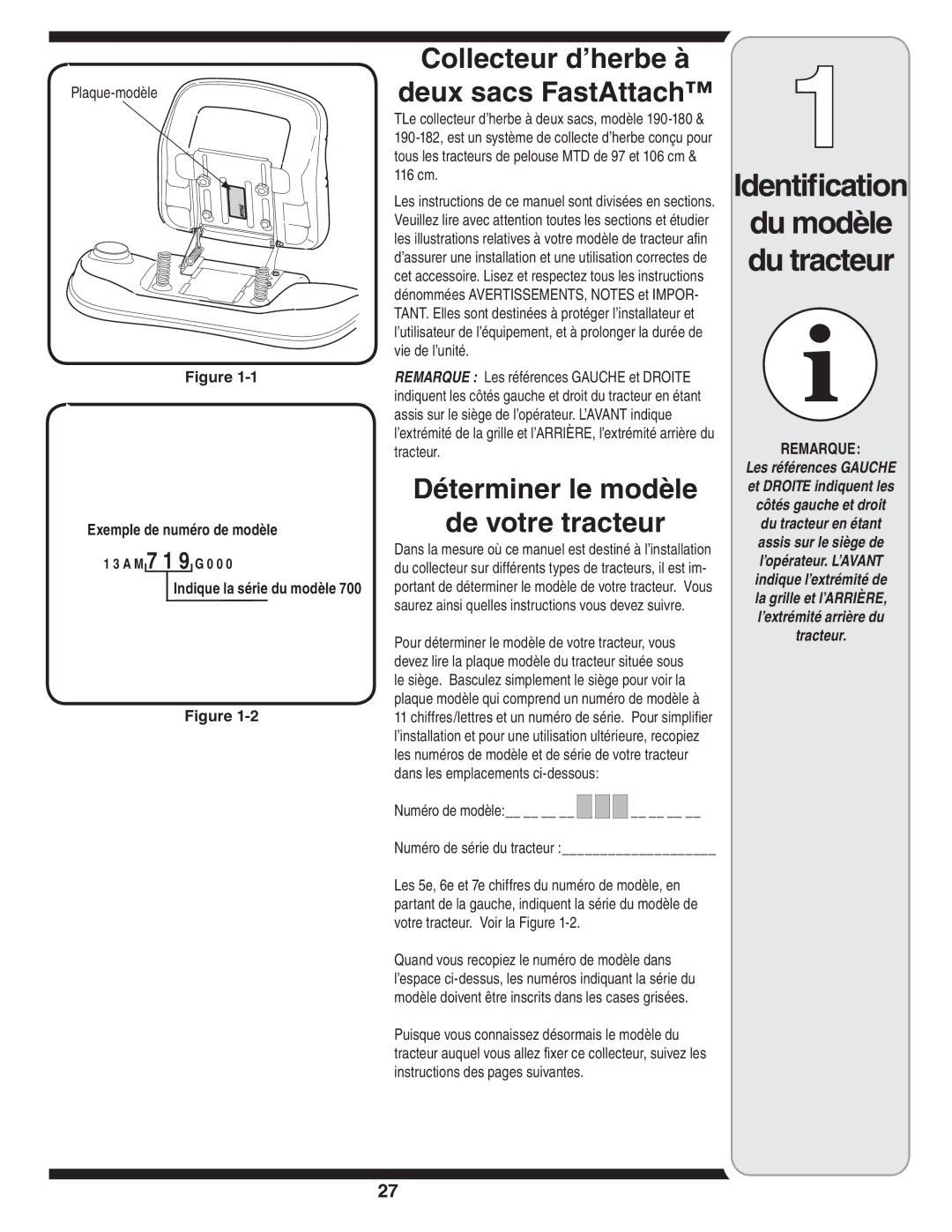 MTD 190-182,190-180 Identification, Collecteur d’herbe à Deux sacs FastAttach, Déterminer le modèle De votre tracteur 