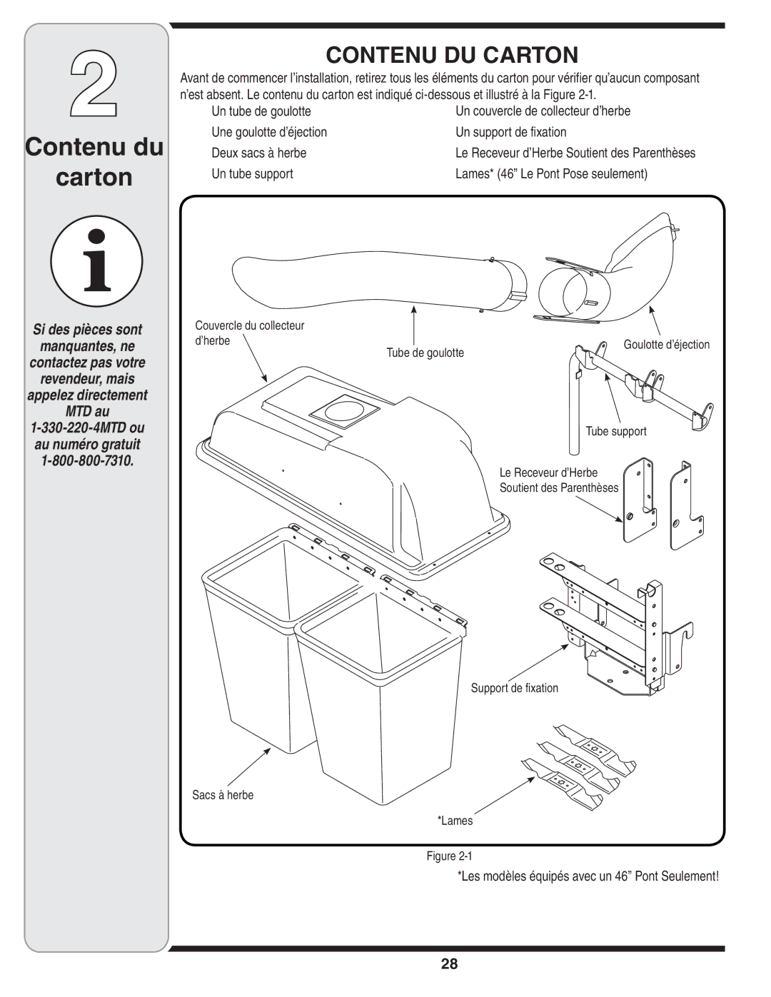 MTD 190-182,190-180 warranty Contenu du Carton, Contenu DU Carton, Couvercle du collecteur ’herbe Tube de goulotte 