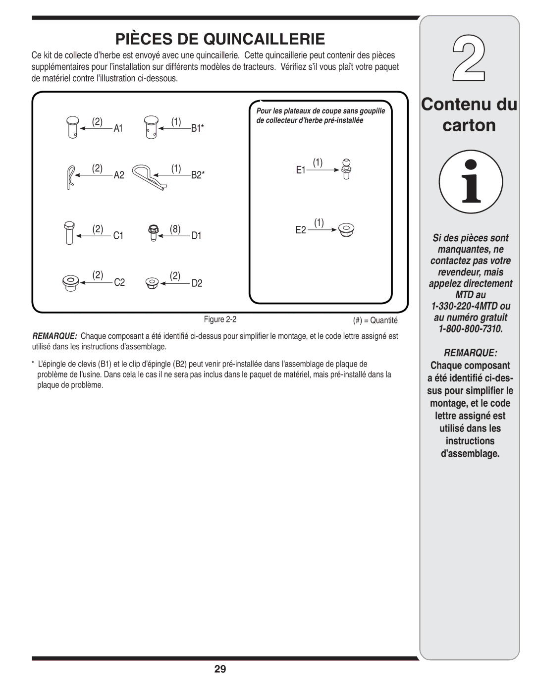 MTD 190-182,190-180 warranty Pièces DE Quincaillerie, Chaque composant, # = Quantité 