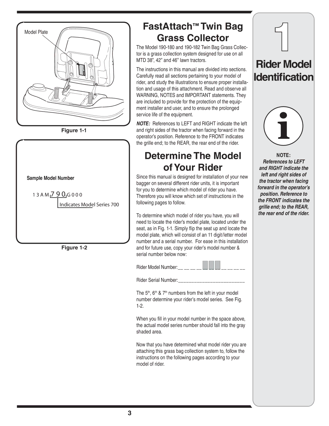 MTD 190-182,190-180 FastAttach Twin Bag Grass Collector, Determine The Model Your Rider, Rider Model Identification 