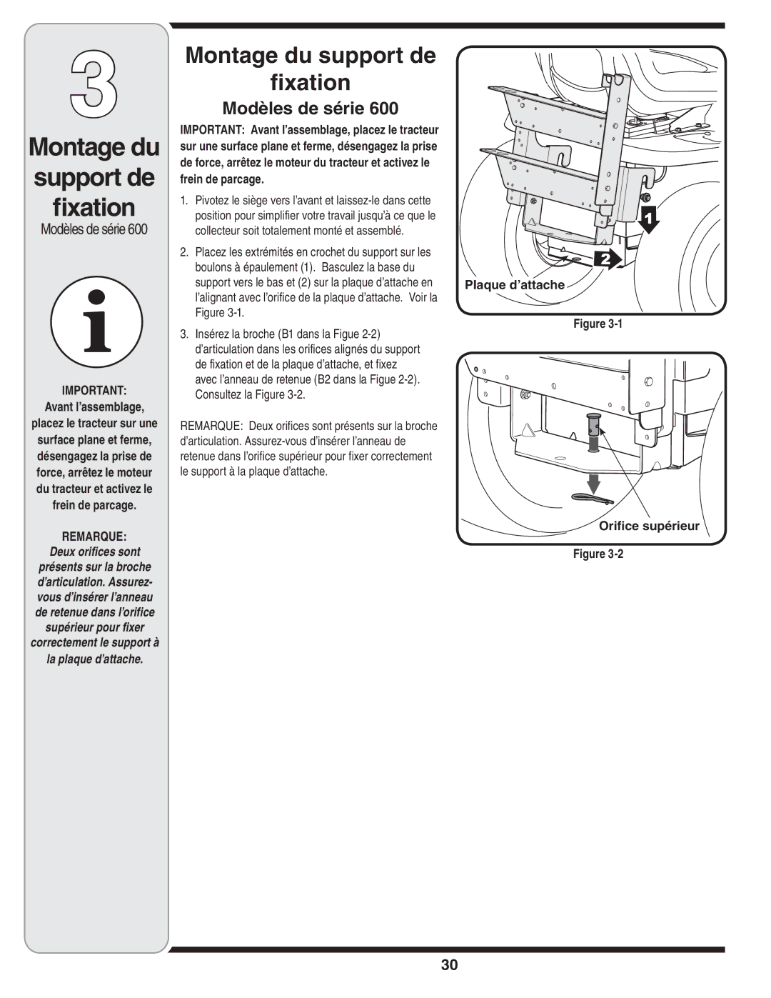 MTD 190-182,190-180 warranty Montage du support de Fixation, Modèles de série, Boulons à épaulement 1. Basculez la base du 