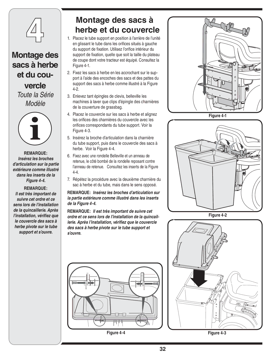 MTD 190-182,190-180 warranty Vercle, Montage des sacs à herbe et du couvercle 