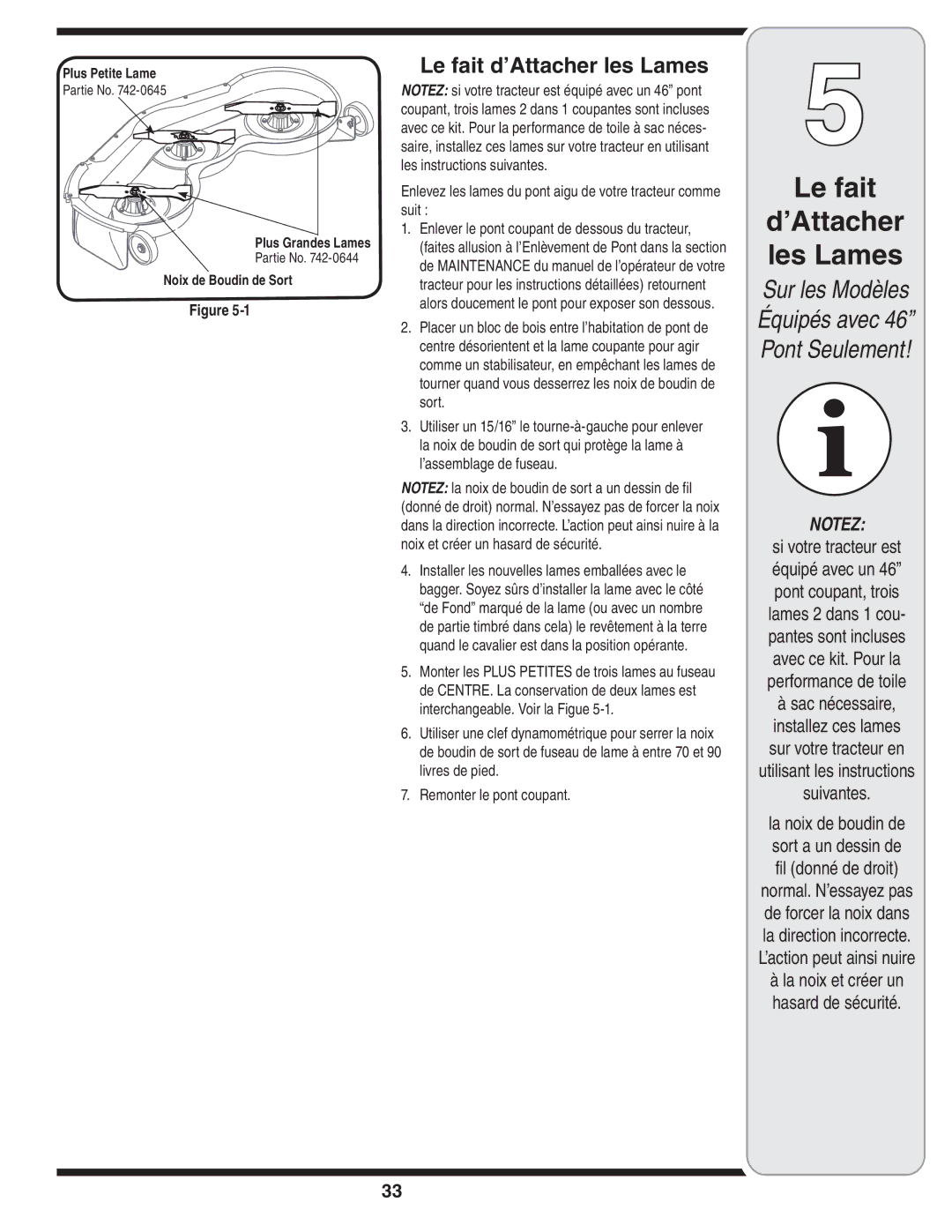 MTD 190-182,190-180 Le fait ’Attacher les Lames, Le fait d’Attacher les Lames, Utilisant les instructions Suivantes 