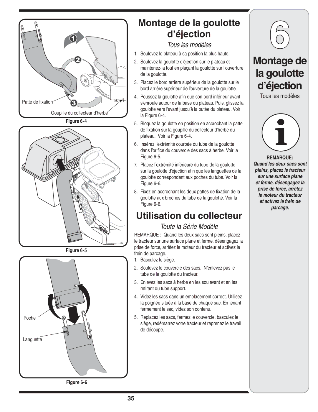 MTD 190-182,190-180 warranty Utilisation du collecteur, Tous les modèles 