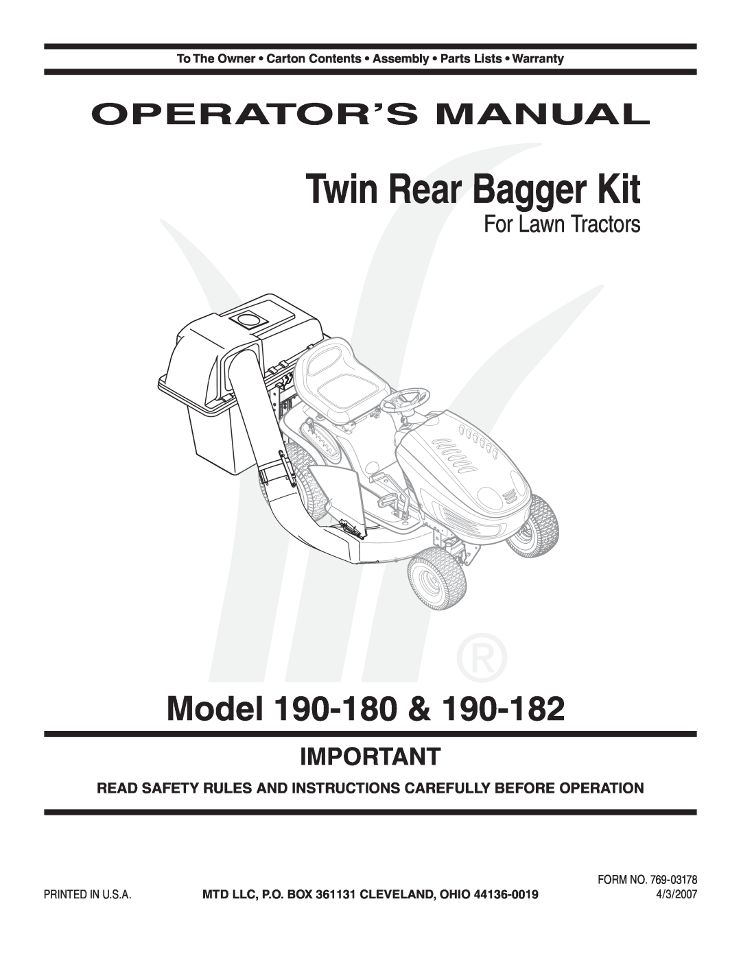 MTD 190-182,190-180 warranty Model, Operator’S Manual, Twin Rear Bagger Kit, For Lawn Tractors 