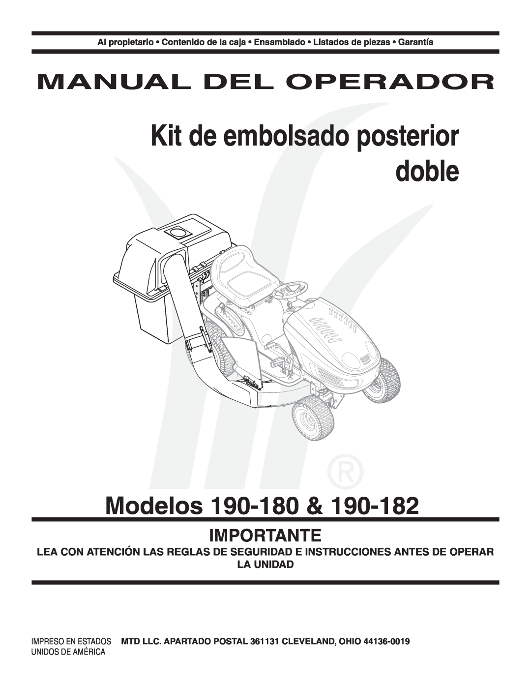 MTD 190-182,190-180 warranty Modelos, Manual Del Operador, Importante, Kit de embolsado posterior doble 