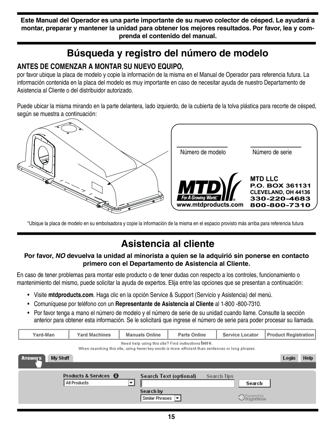 MTD 190-182,190-180 warranty Búsqueda y registro del número de modelo, Asistencia al cliente 