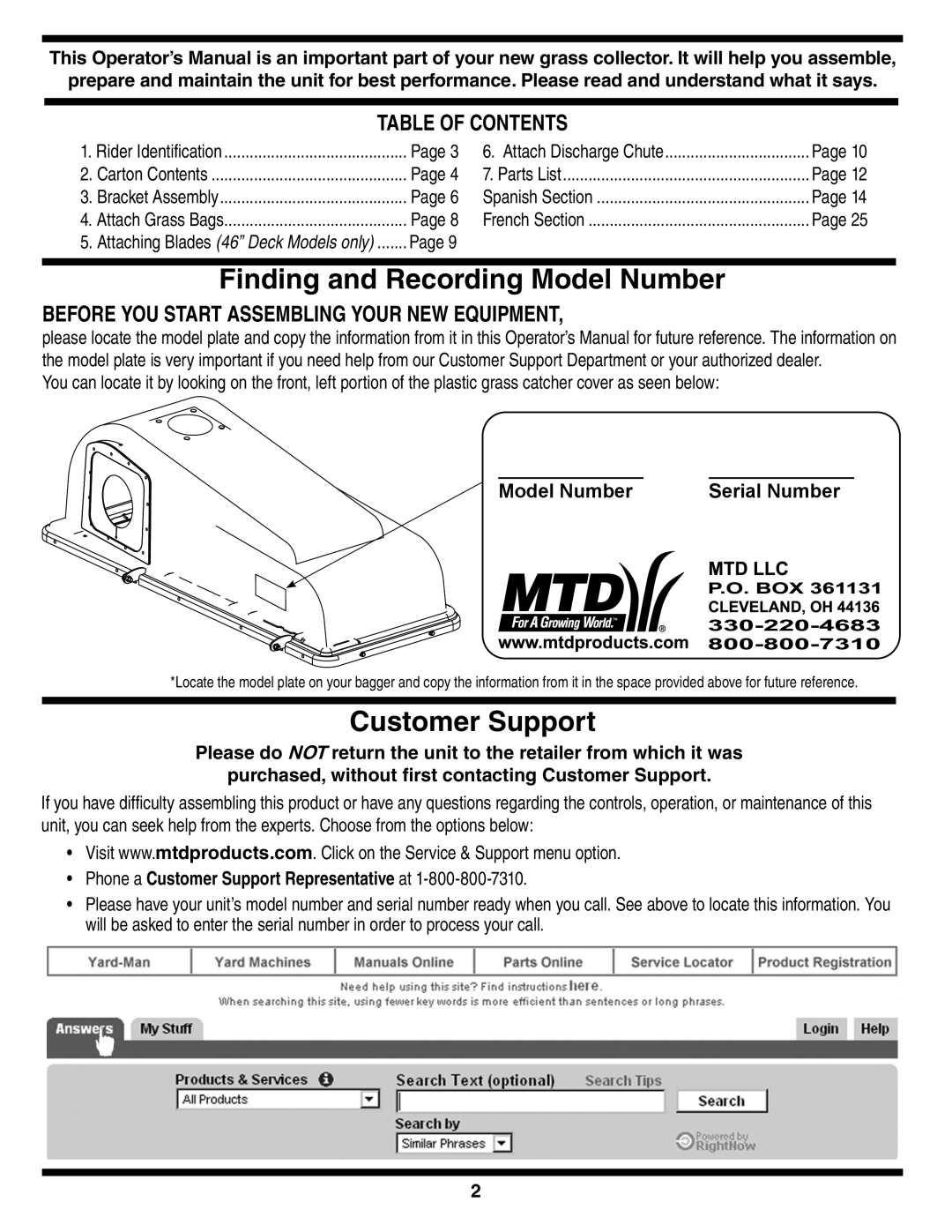 MTD 190-182,190-180 warranty Finding and Recording Model Number, Customer Support, Table Of Contents, Serial Number 
