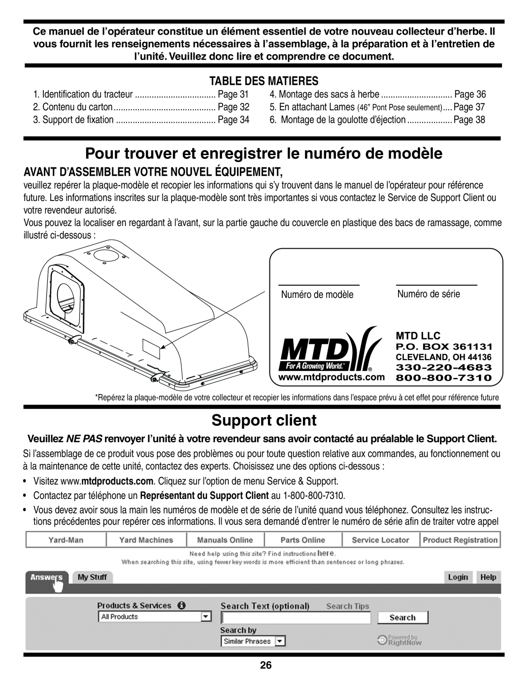 MTD 190-182,190-180 warranty Pour trouver et enregistrer le numéro de modèle, Support client, Table Des Matieres 