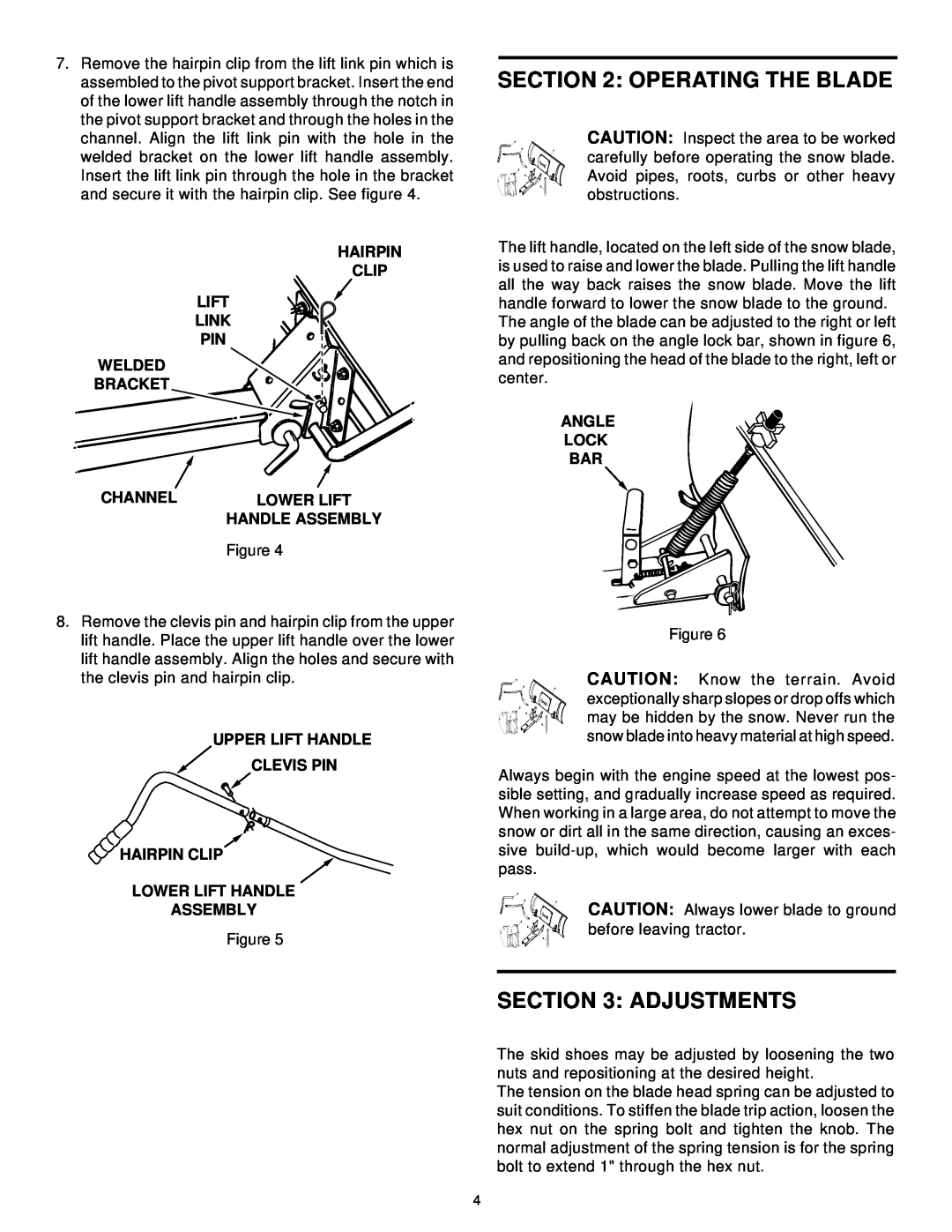 MTD 190-822, 46" SNOW BLADE manual Operating The Blade, Adjustments 