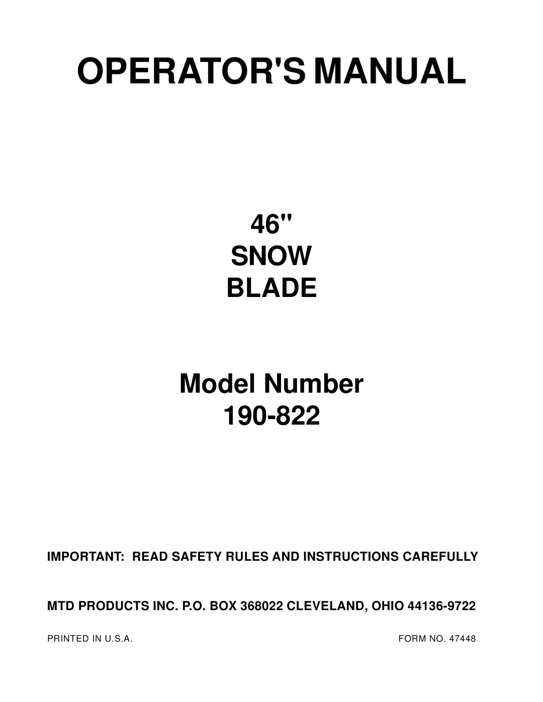 MTD 46" SNOW BLADE, 190-822 manual Operators Manual 