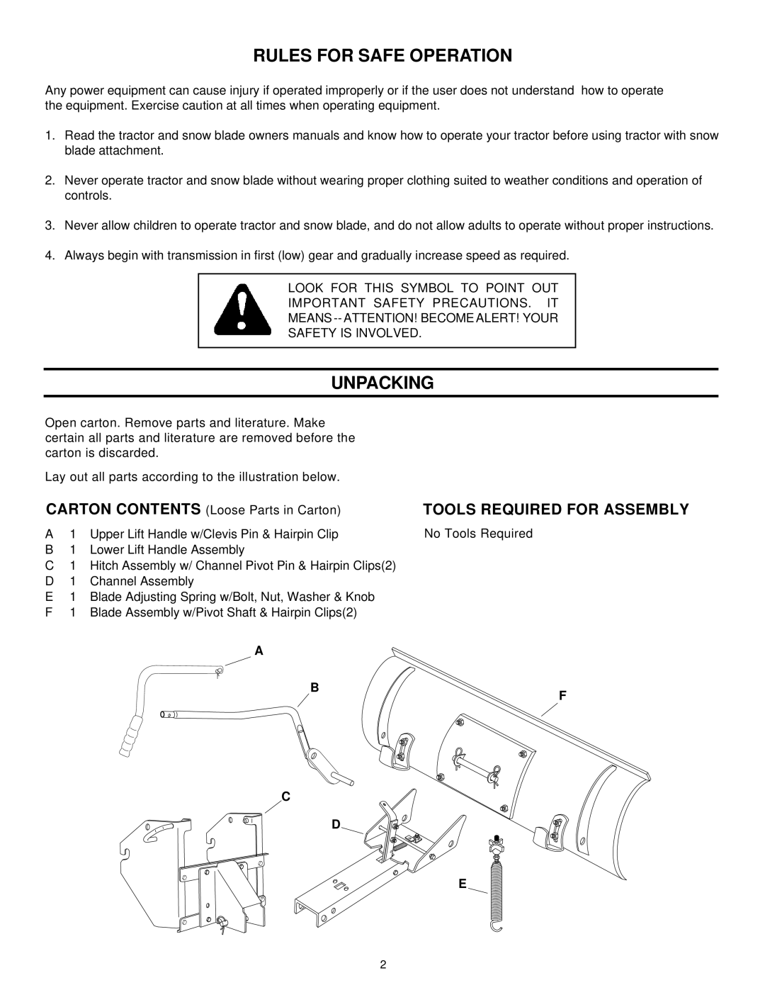 MTD 190-822, 46" SNOW BLADE manual Rules for Safe Operation, Unpacking 