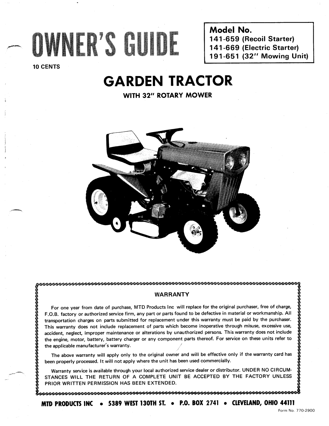 MTD 141-669, 191-651, 141-659 manual 