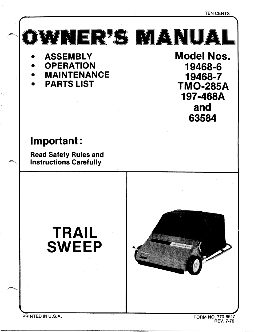 MTD 19468-6, 197-468A, TMO-285A, 19468-7, 63584 manual 