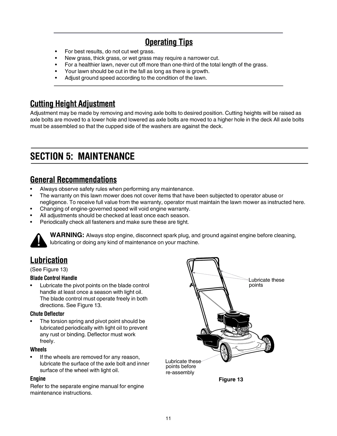 MTD 20 manual Maintenance, Operating Tips, Cutting Height Adjustment, General Recommendations, Lubrication 