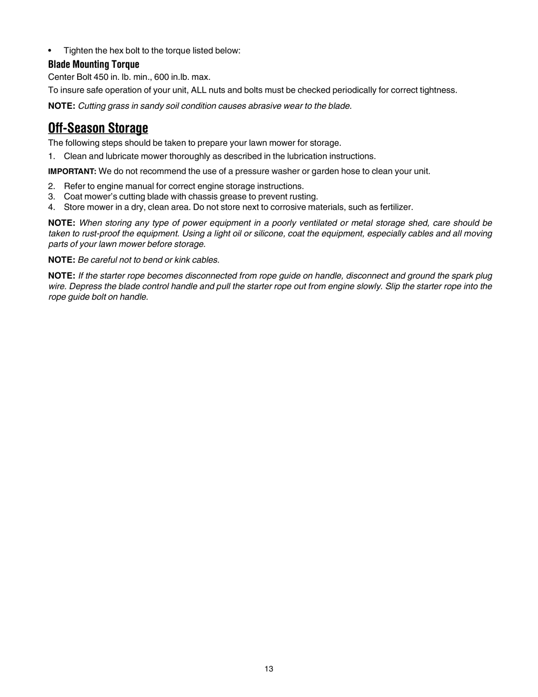 MTD 20 manual Off-Season Storage, Blade Mounting Torque 