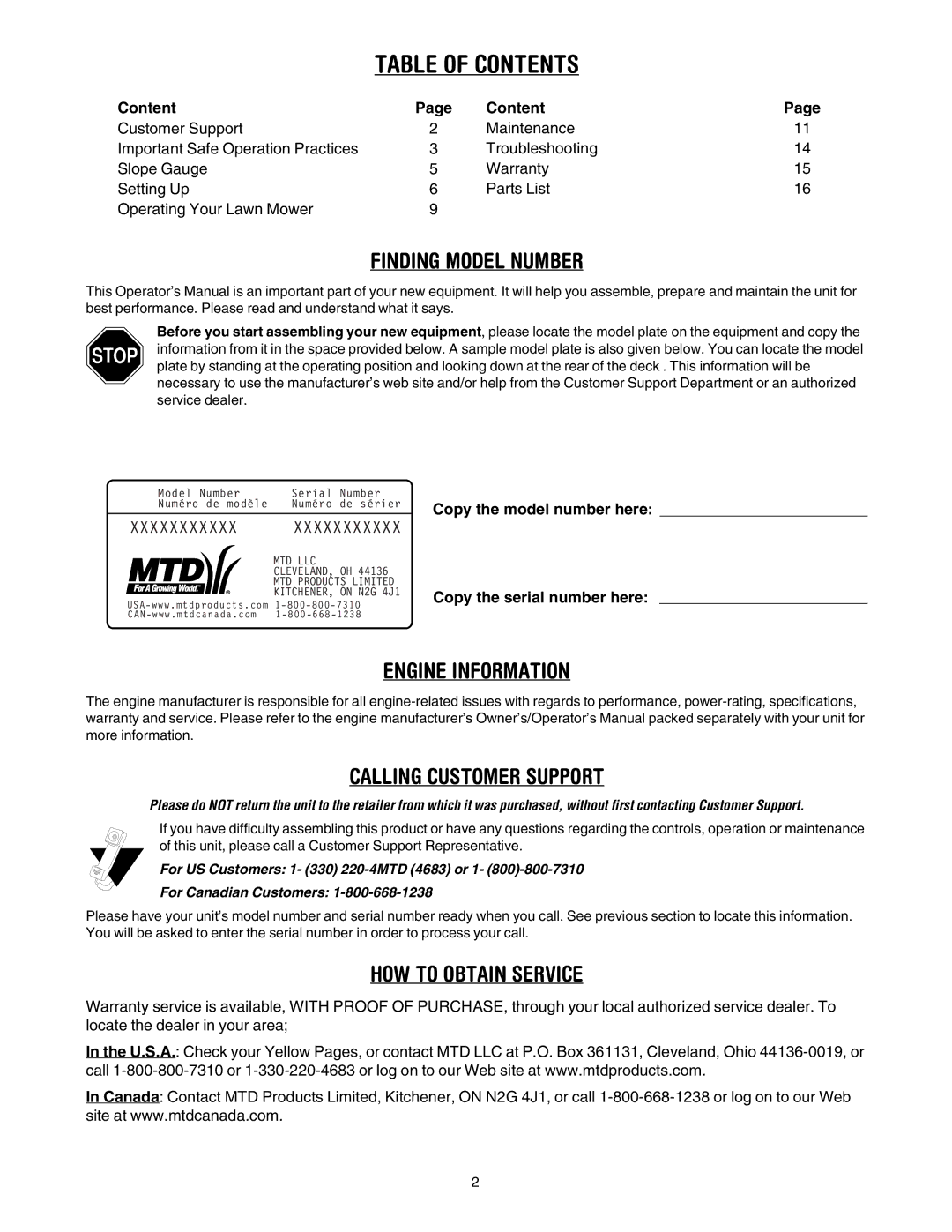 MTD 20 manual Table of Contents 