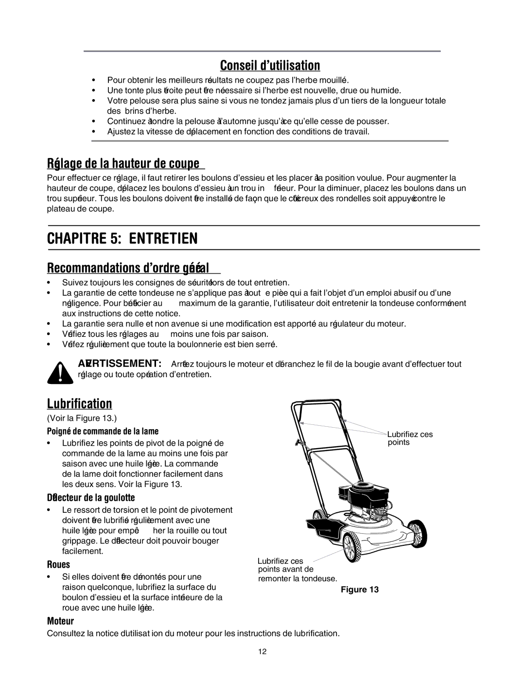 MTD 20 manual ’utilisation Conseil, Lubrification, Général d’ordre Recommandations, Coupe de hauteur la de Réglage 