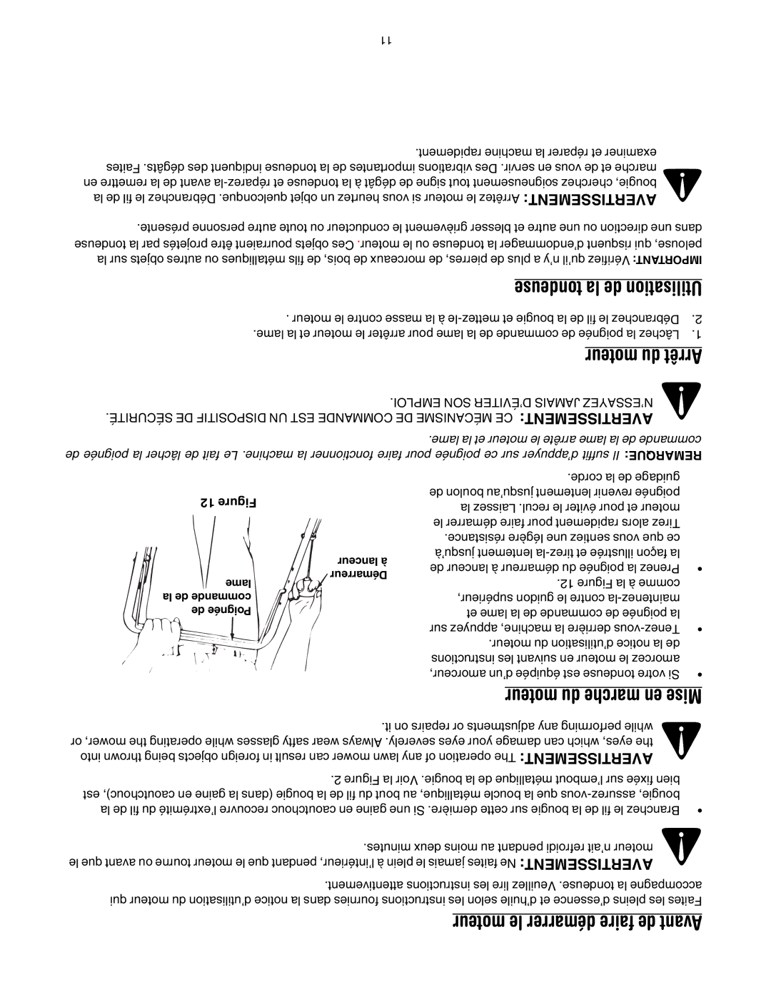 MTD 20 manual Tondeuse la de Utilisation, Moteur du marche en Mise, Moteur du Arrêt 