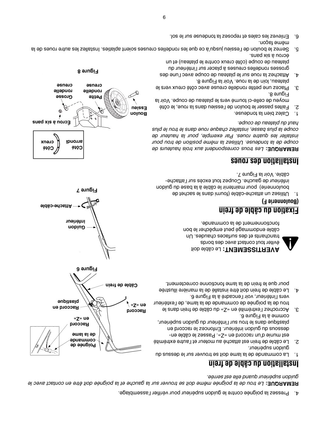 MTD 20 manual Roues des Installation, Frein de câble du Fixation, Frein de câble du Installation 