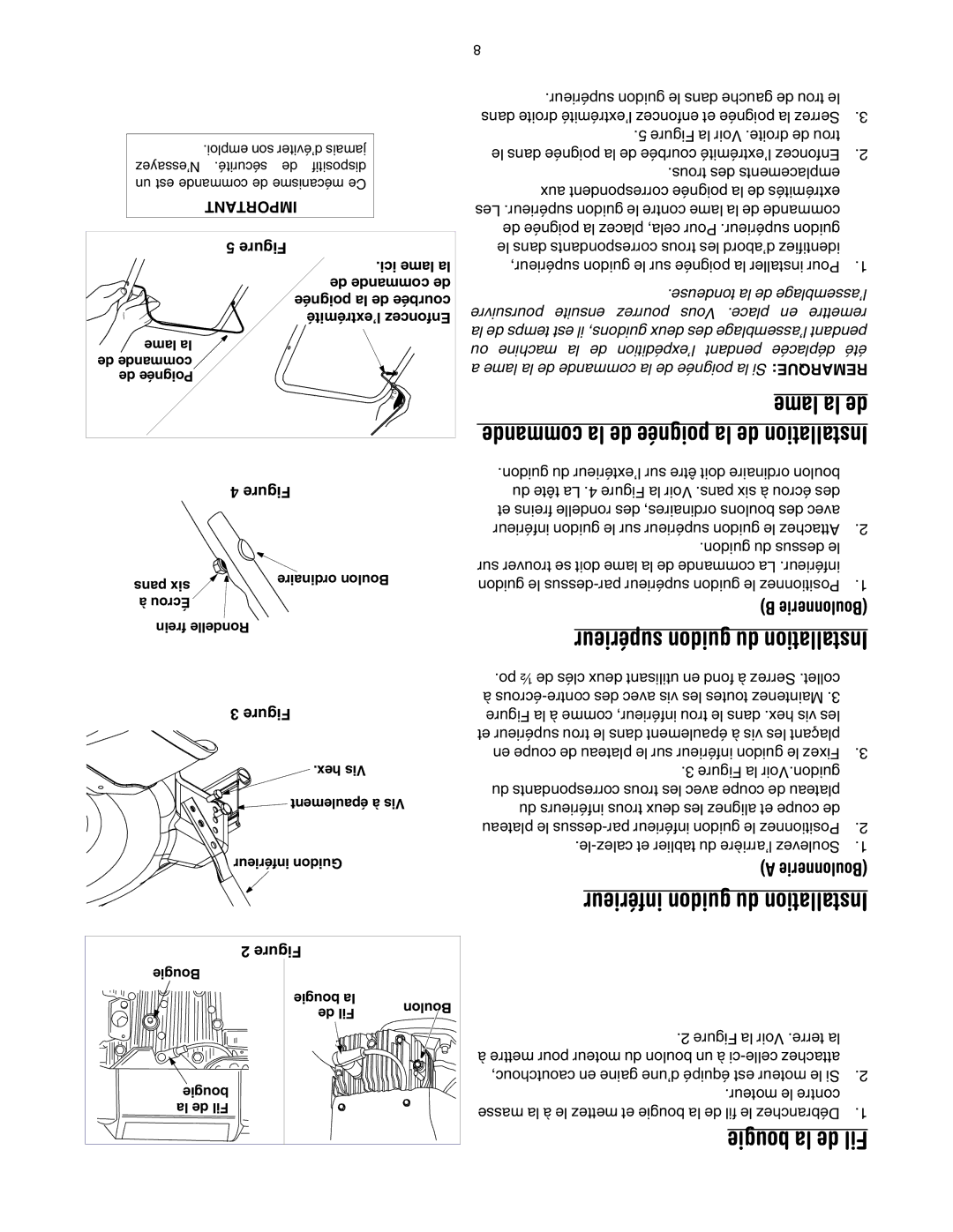 MTD 20 manual Lame la de, Commande la de poignée la de Installation, Supérieur guidon du Installation, Bougie la de Fil 