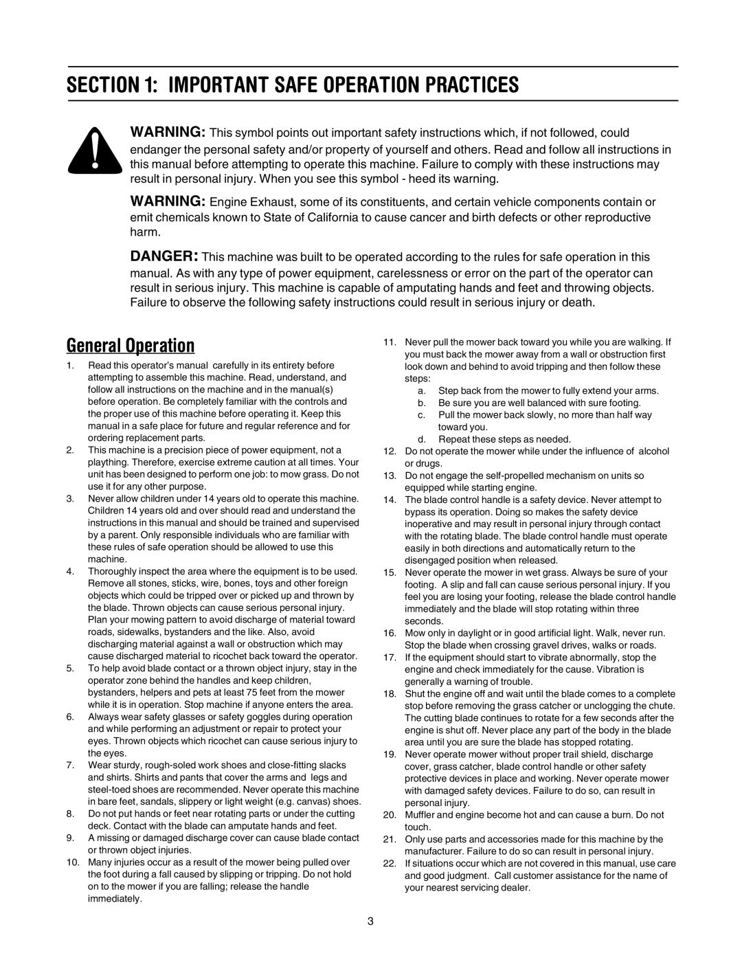 MTD 20 manual Important Safe Operation Practices, General Operation 