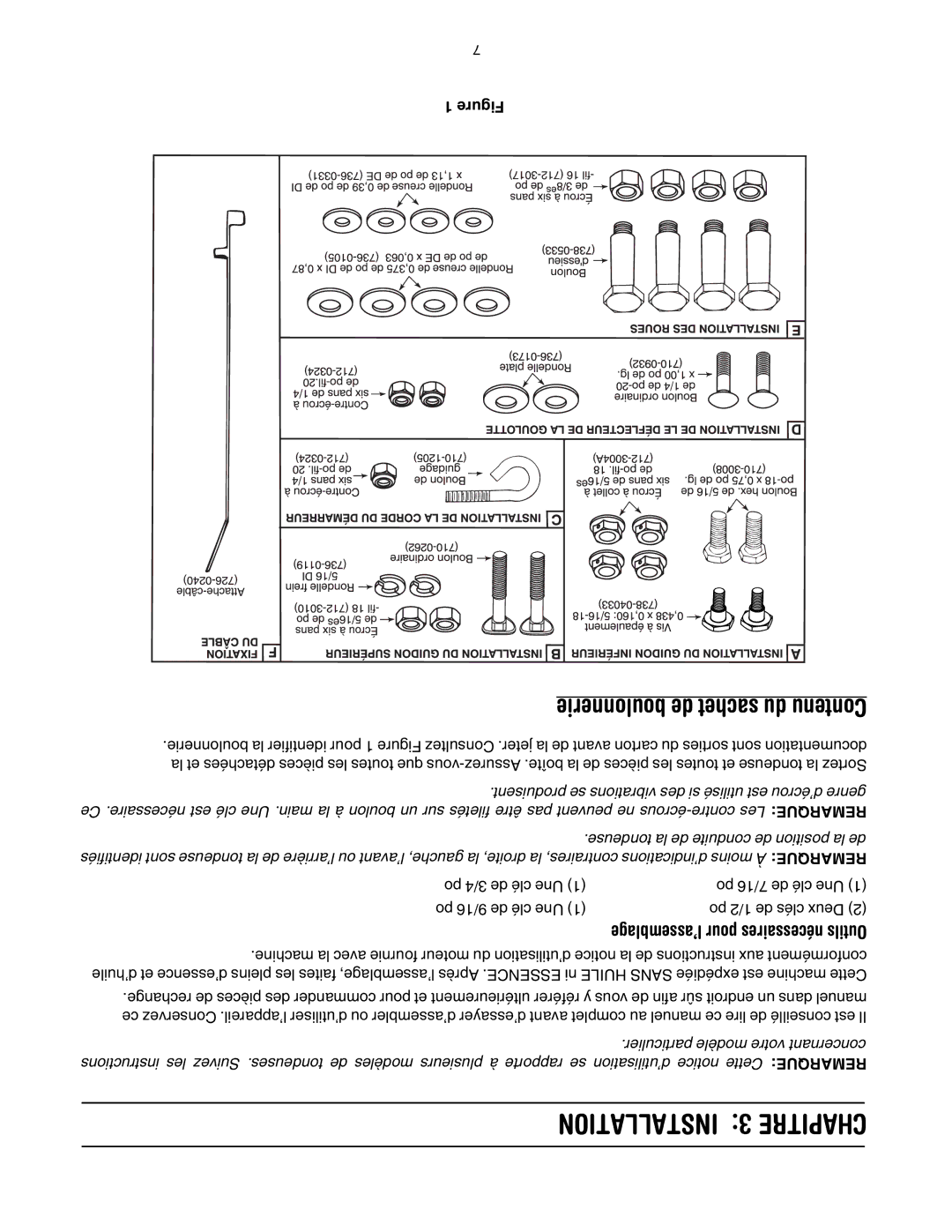 MTD 20 manual Installation 3 Chapitre, Boulonnerie de sachet du Contenu 