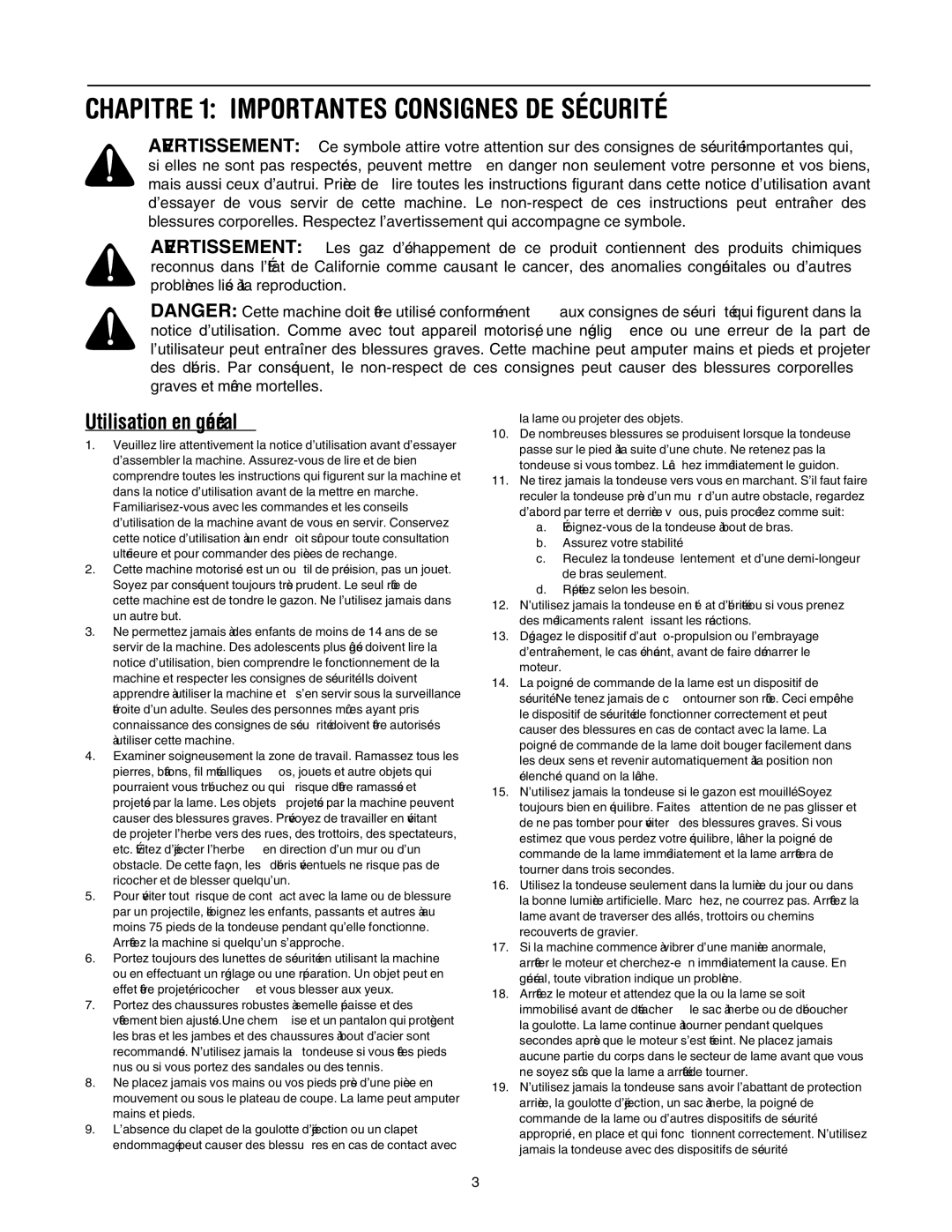 MTD 20 manual Sécurité DE Consignes Importantes 1 Chapitre 