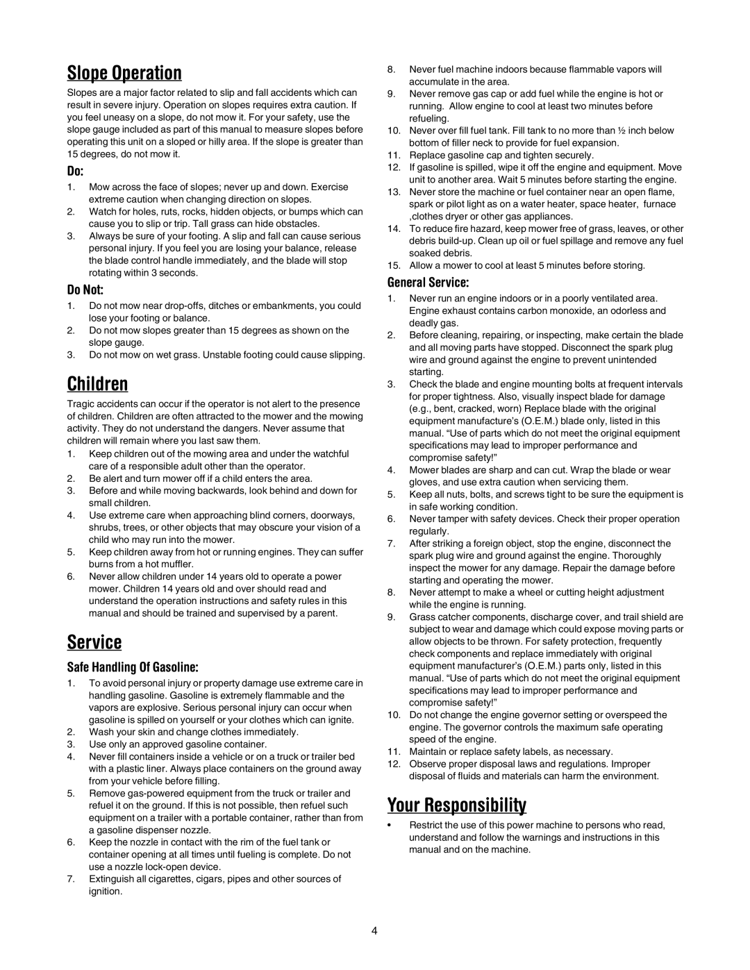 MTD 20 manual Slope Operation, Children, Service, Your Responsibility 