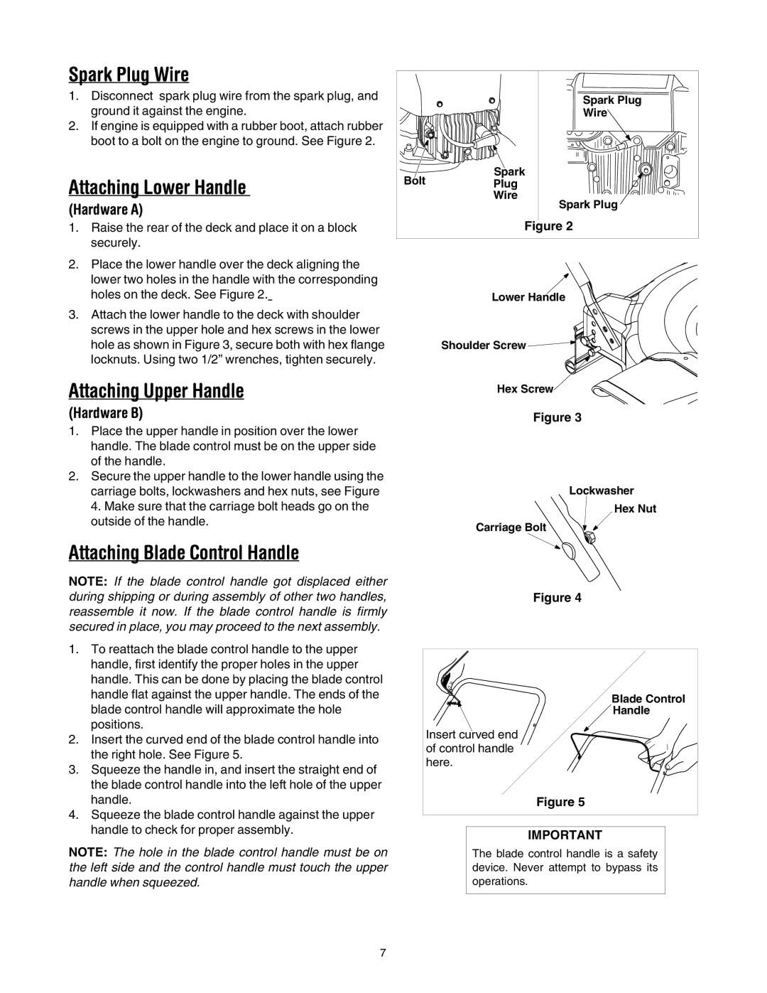 MTD 20 manual Spark Plug Wire, Attaching Lower Handle, Attaching Upper Handle, Attaching Blade Control Handle 