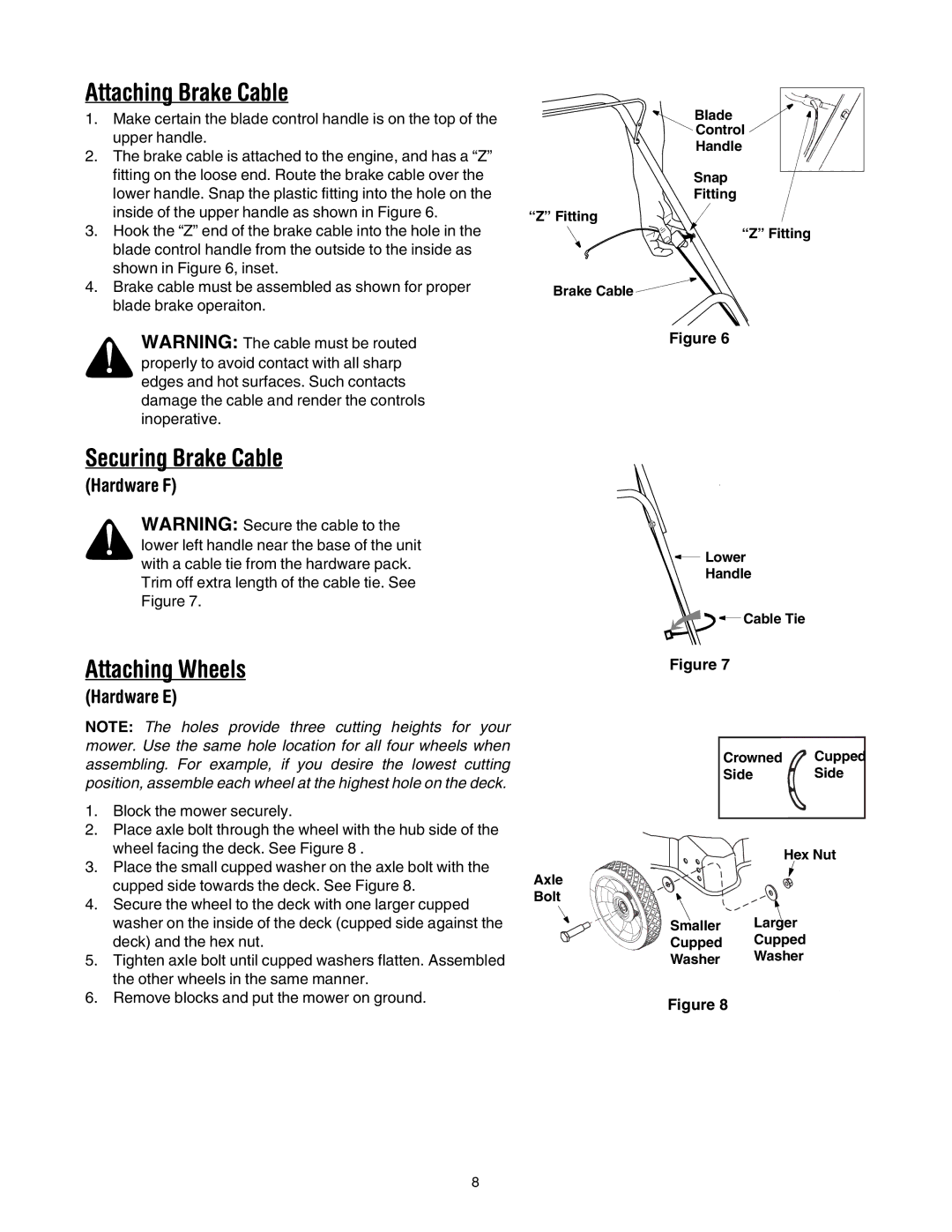 MTD 20 manual Attaching Brake Cable, Securing Brake Cable, Attaching Wheels, Hardware F, Hardware E 