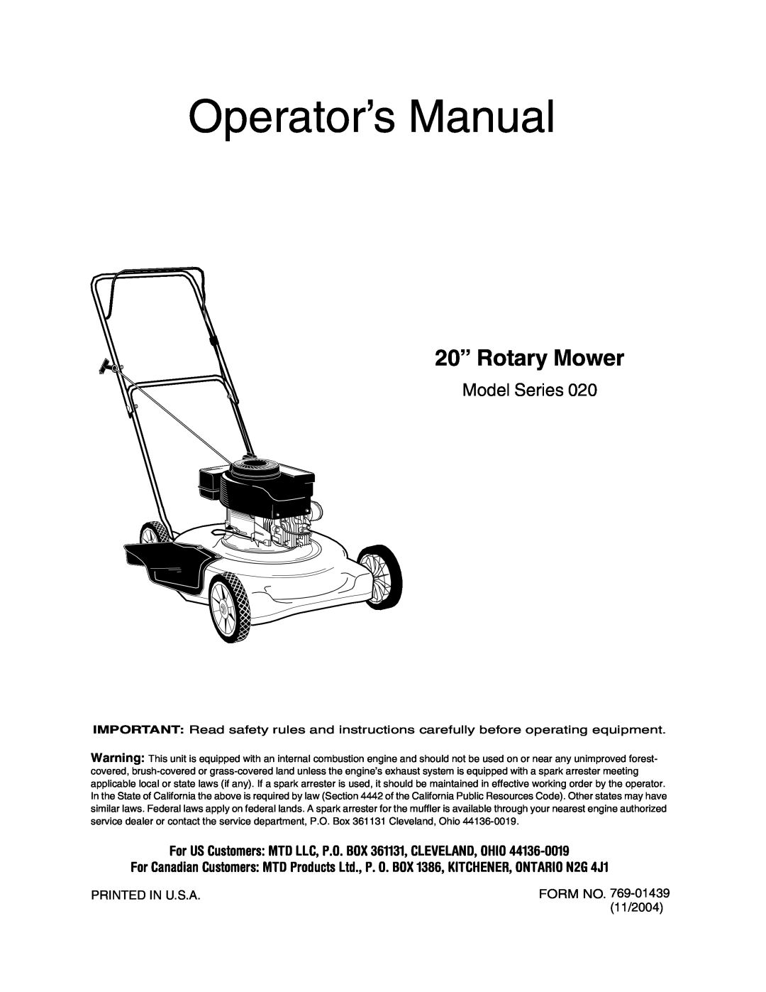 MTD manual Operator’s Manual, 20” Rotary Mower, Model Series 