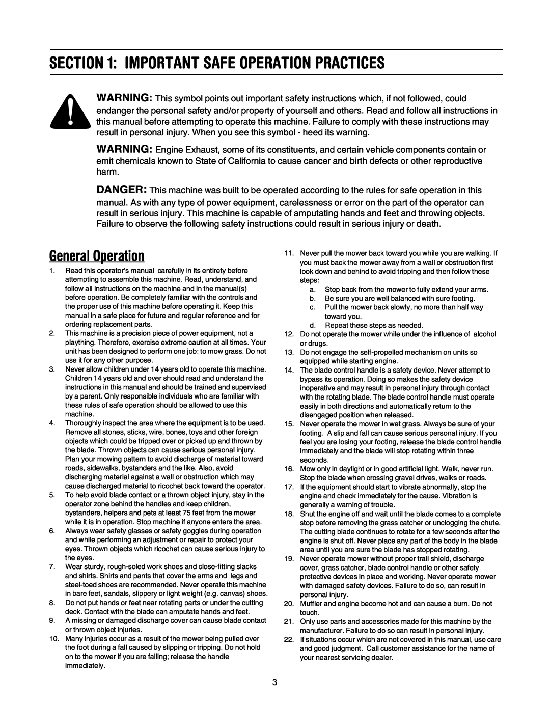 MTD 20 manual Important Safe Operation Practices, General Operation 