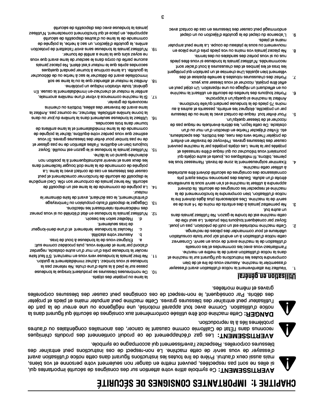 MTD 20 manual SÉCURITÉ DE CONSIGNES IMPORTANTES 1 CHAPITRE, général en Utilisation 