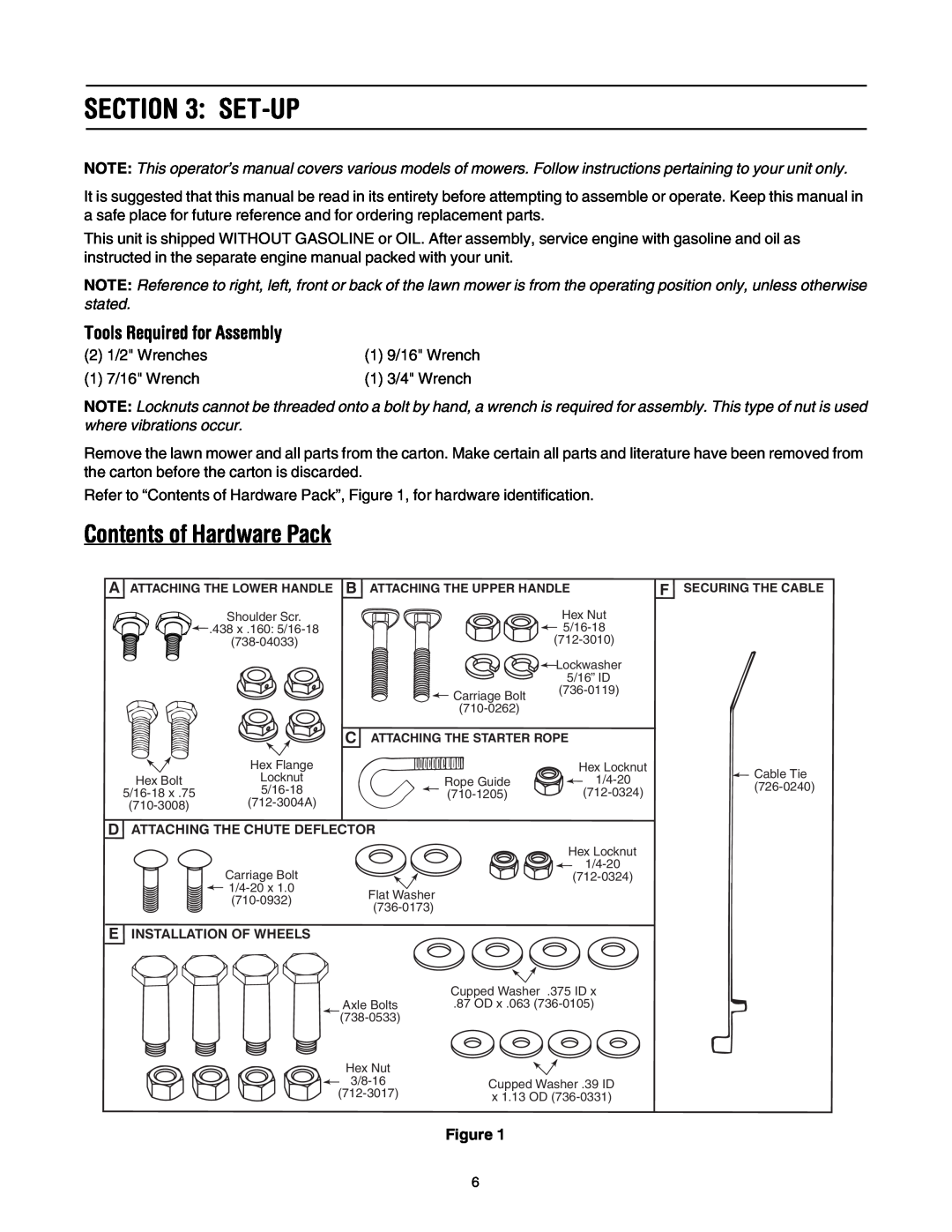 MTD 20 manual Set-Up, Contents of Hardware Pack, Tools Required for Assembly 