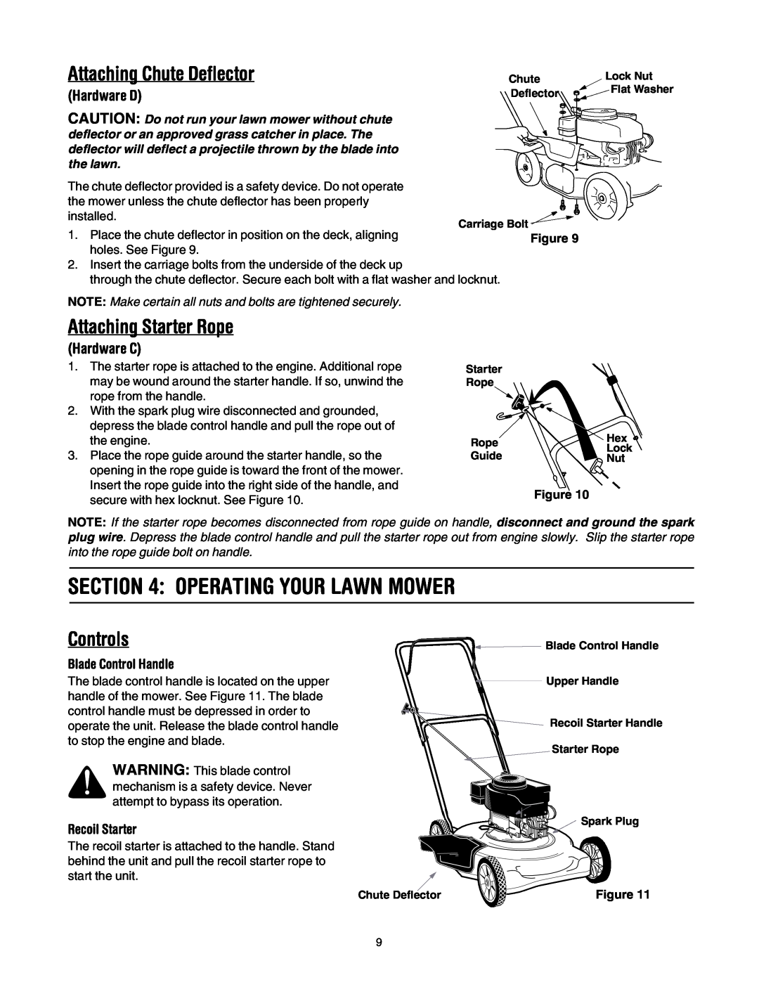 MTD 20 Operating Your Lawn Mower, Attaching Starter Rope, Controls, Hardware D, Hardware C, Blade Control Handle, the lawn 