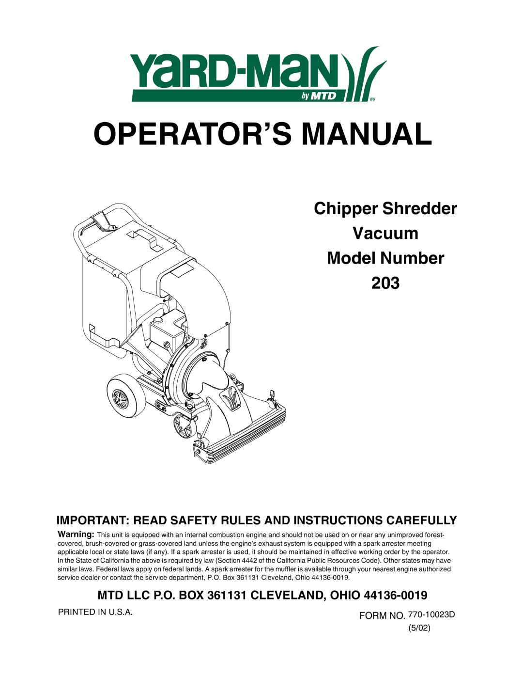 MTD 203 manual OPERATOR’S Manual 