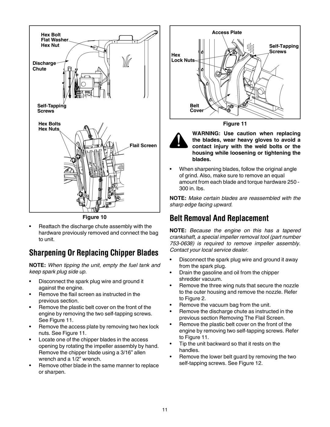 MTD 203 manual Sharpening Or Replacing Chipper Blades 