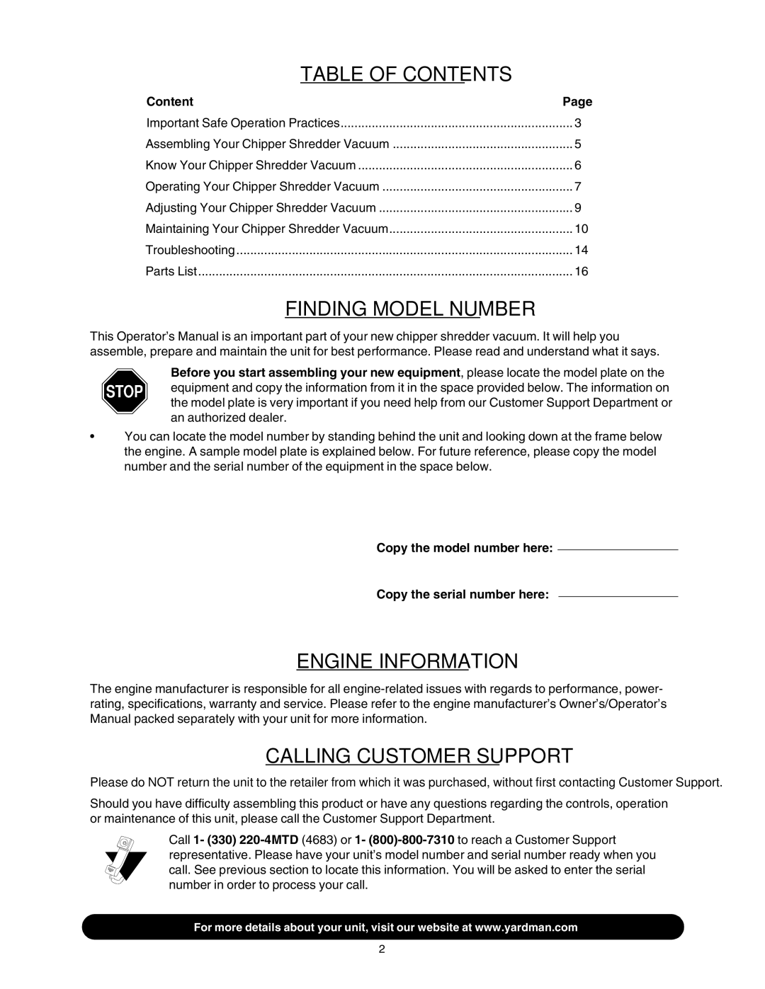 MTD 203 manual Table of Contents 