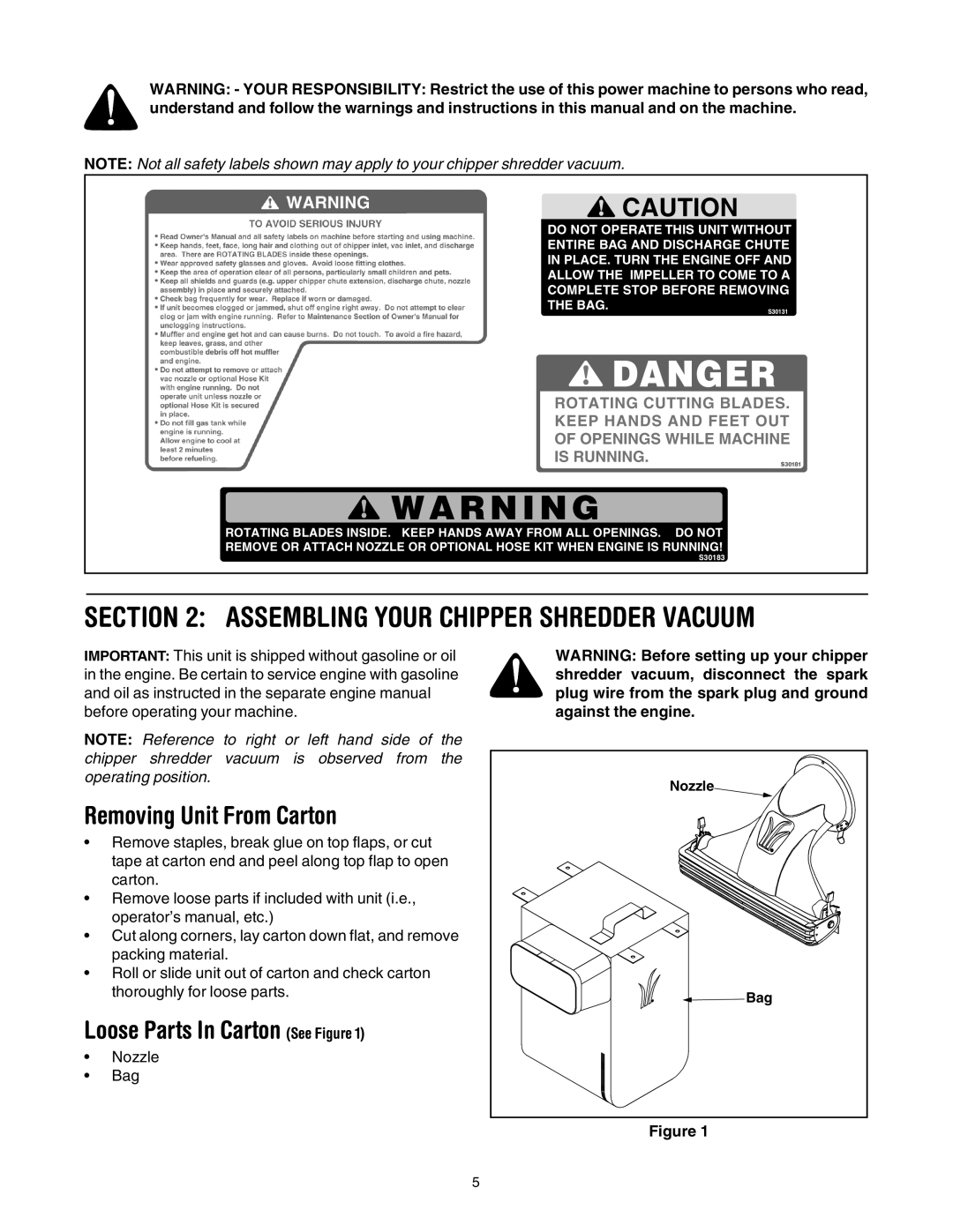 MTD 203 manual Assembling Your Chipper Shredder Vacuum, Removing Unit From Carton, Loose Parts In Carton See Figure 