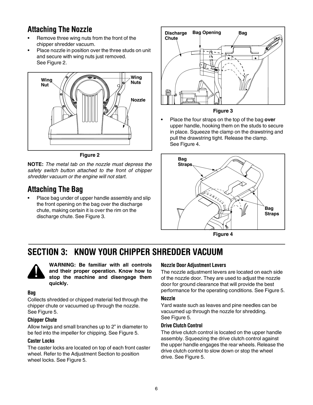 MTD 203 manual Know Your Chipper Shredder Vacuum, Attaching The Nozzle, Attaching The Bag 