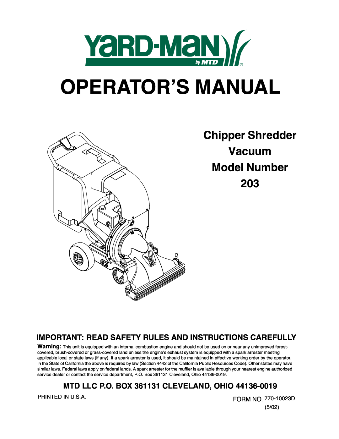 MTD manual Operator’S Manual, Chipper Shredder Vacuum Model Number 203, MTD LLC P.O. BOX 361131 CLEVELAND, OHIO 